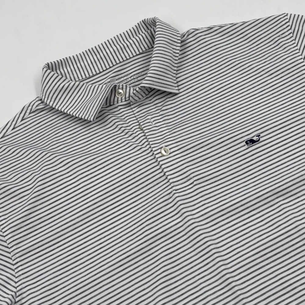 Vineyard Vines Men's L On-The-Go Sankaty Polo Grey White Striped Golf Shirt